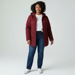 London Fog Blood Red Mick Neck Quilted Velvety Hooded Coat Jacket Size XL